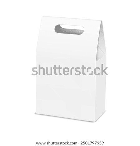 White blank folding cardboard gable box with die cut carry handle. Realistic 3d vector mock-up. Paper gift bag packaging. Mockup. Template for design