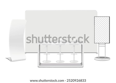 Trade show booth display kit mock-up. Expo tradeshow set template. Backdrop banner, exhibition table counter, swivel bar chairs, snake banner standee, LCD TV monitor. Realistic 3d vector mockup