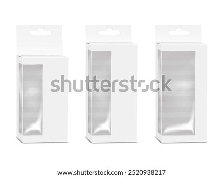 Thin tall white paperboard box with side clear plastic window, tuck-in flap and euro slot hanger. Realistic 3d vector mock-up. Empty transparent front container with hanging hole. Mockup