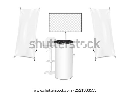 Trade show booth display kit mock-up. Expo tradeshow set template. Exhibition high table counter, swivel bar chair, LCD TV monitor, collapsible spider X banner stands. 3d vector mockup