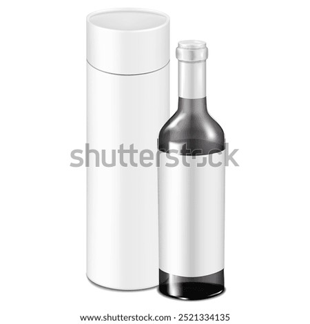 Clear glass wine bottle with blank label and white cardboard tube cylinder box with separate lift-off lid. 3d vector mock-up. Gift drink holder packaging. Realistic mockup. Template for design