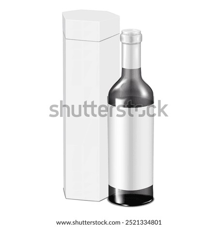 Clear glass wine bottle with blank label and white cardboard tall hexagon box with separate lift-off lid. 3d vector mock-up. Gift drink holder packaging. Realistic mockup. Template for design