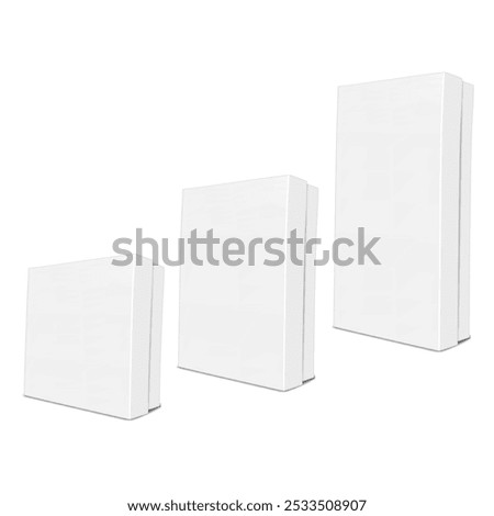 White blank cardboard box with separate lift-off lid. Realistic 3d vector mock-up. Set of different sizes. Rectangular and square. Carton gift packaging isolated. Mockup. Template for design