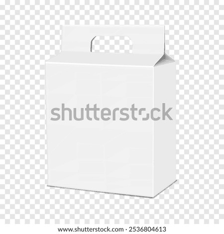 White blank folding cardboard gable box with die cut carry handle. Realistic 3d vector mock-up. Paperboard gift bag packaging. Mockup. Carton container package. Template for design