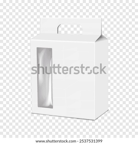 White blank cardboard gable box with side clear plastic window and die cut carry handle. Realistic 3d vector mockup. Paperboard transparent front gift bag. Mock-up. Carton container package. Template