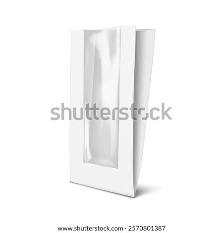 Blank white food paper bag with clear plastic line insert. Realistic 3d vector mockup. Side gusseted pouch package with transparent window for bakery, candies, sweets, etc. Mockup. Template for design