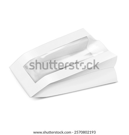 Blank white food paper bag with clear plastic line insert. Realistic 3d vector mockup. Side gusseted pouch package with transparent window for bakery, candies, sweets, etc. Mockup. Template for design