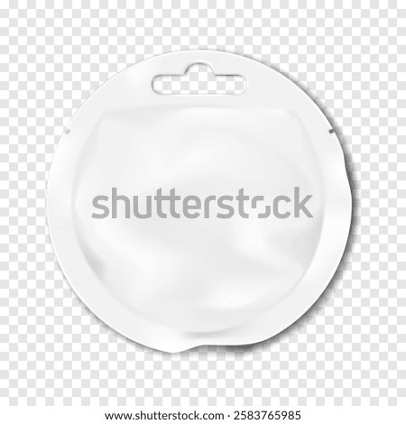 White blank tear notch euro hole round sachet packet. Realistic 3d vector mockup. Hanging circle plastic pouch bag. Mock-up. Food or cosmetic beauty product individual package. Template for design