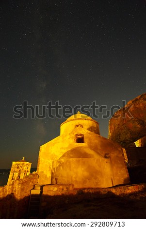 Byzantine church in Monemvasia village at night, Greece.