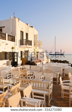 Coffee shop on the beach in Naousa village on Paros island, Greece