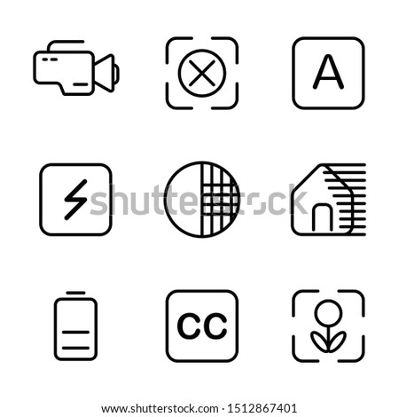 Photo editor icon set include camera, device, video, record, focus, none, auto, optional, flash, option, shade, shadow, contras, photo filter, battery, charge, power, resolution, makro