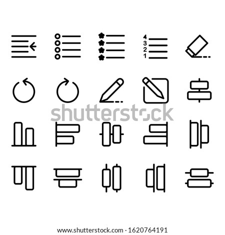 Editing text icon set include indent,bullet,numbering,list,eraser,undo,pen, pencil,draw,compose,write,bottom,distribute,top,select,editorial,alignment,
