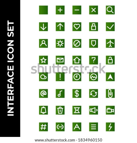 interface icon set include square,plus,minus,cross,search,download,upload,hearth,lock,check,user,setting,block,secure,airplane,star,message,house,help,unlock,cloud,caution,time,picture,message