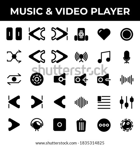 music & video player icon set include pause, track, music, skip, ahead, skip ahead, back, skip back, shake, shuffle, reload, rewind, audio player, repeat, media player, disc, sound, mute, start