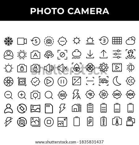 photo camera icon set include mode, video, timer, screen shot, camera, sun, photo, light bulb, padlock, speaker, shutter, crop, accept, play, pause, search, iso, user, rotate, panorama, micro sd