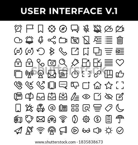 user interface icon set include alarm, checkpoint, bookmark, location, compass, cloud, podcast, share, video, rotate, arrows, restart, blue tooth, call, padlock, mail, camera, magnifying, layer