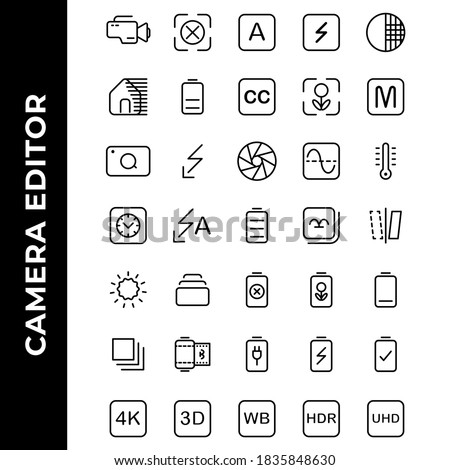 camera editor icon set include camera,flash,photo filter,power,resolution,gallery,image,battery