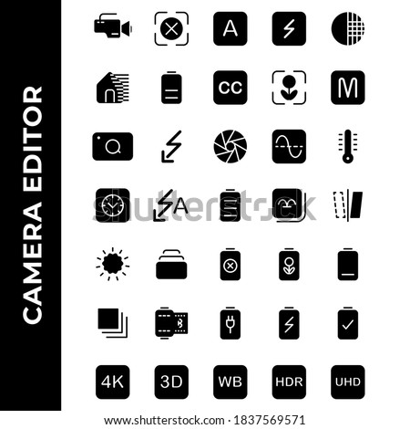 camera editor icon set include flash,photo filter,power,resolution,gallery,image,battery