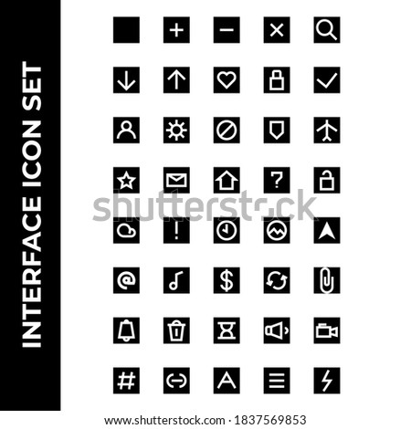 interface icon set include plus, minus, cross, search, download, upload, hearth, lock, check, user, setting, block, secure, airplane, star, message, house, help, unlock, cloud, caution, time