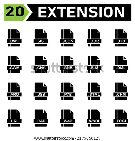 File extension icon set include dwt, js, json, dcr, stc, awm, cha, gne, rjs, dml, aro, jss, p7b, stml, chm, url, dap, w4p, wsdl, fcgi, file, document, extension, icon, type, set, format