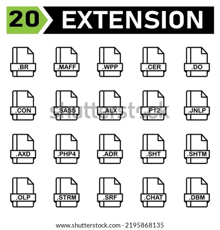 File extension icon set include br, maff, wpp, cer, do, con, sass, alx, p12, jnlp, axd, php4, adr, sht, shtm, olp, strm, srf, chat, dbm, file, document, extension, icon, type, set, format, vector