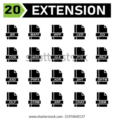 File extension icon set include br, maff, wpp, cer, do, con, sass, alx, p12, jnlp, axd, php4, adr, sht, shtm, olp, strm, srf, chat, dbm, file, document, extension, icon, type, set, format, vector