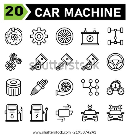 car machine icon set include brake, disc, brakes, automobile, service, gear, part, setting, cog, cog wheel, wheel, tires, car, assembling, tire, machine, battery, accumulator, repair, piston, forces