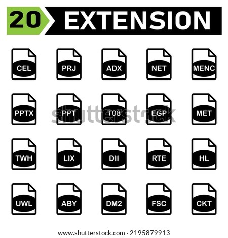 file extension icon include cel, prj, adx, net, menc, pptx, ppt, t08, egp, met, twh, lix, dii, rte, hl, uwl, aby, dm2, fsc, ckt,