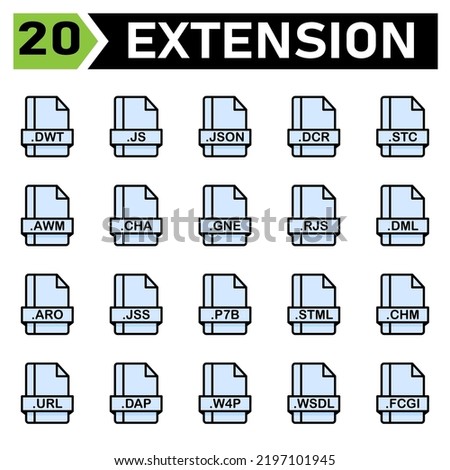 File extension icon set include dwt, js, json, dcr, stc, awm, cha, gne, rjs, dml, aro, jss, p7b, stml, chm, url, dap, w4p, wsdl, fcgi, file, document, extension, icon, type, set, format