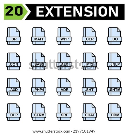 File extension icon set include br, maff, wpp, cer, do, con, sass, alx, p12, jnlp, axd, php4, adr, sht, shtm, olp, strm, srf, chat, dbm, file, document, extension, icon, type, set, format, vector