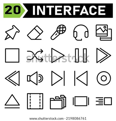 Web interface icon set include pin, web app, pushpin, tack, thumbtack, fasten, eraser, clean, remove, rubber, microphone, record, audio, board cast, headphone, support, earphone, gallery, picture