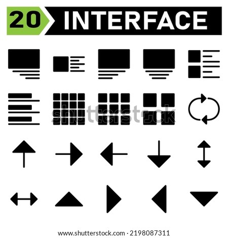 Web interface icon set include media, right, layout, picture, left, center, list, thumb, interface, open menu, post, grid, menu, forms, watch kit, loop, arrows, reload, direction, up, arrow, down