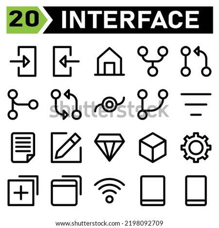 User interface icon set include log, in, account, access, enter, user interface, out, house, home, building, menu, forked, git, request, pull, merge, compare, commit, branch, filter, center