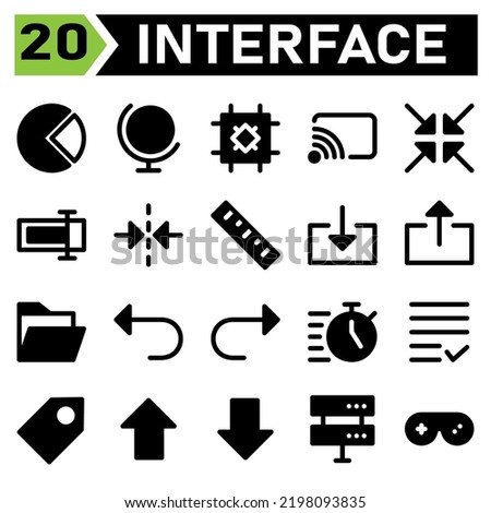 User interface icon set include pie, cart, info graphic, diagram, user interface, globe, world, internet, earth, chip, chip set, processor, cast, recording, streaming, feed, collapse, arrows, zoom