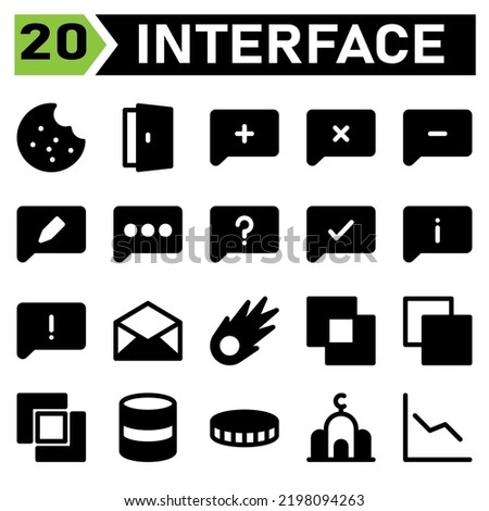 User interface icon set include cookie, biscuit, cake, chocolate chip, user interface, door, open, lo gin, enter, comment, add, text, bubble, cross, minus, edit, message, question, check, info,warning