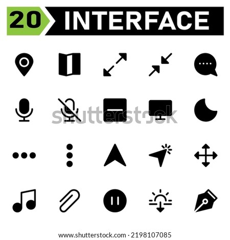 User interface icon set include map, pin, location, user interface, guide, direction, maximize, full screen, enlarge, arrows, minimize, reduce, close, message, chat, misc, communication, mic, podcast Stock foto © 