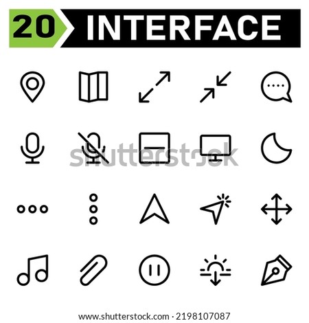 User interface icon set include map, pin, location, user interface, guide, direction, maximize, full screen, enlarge, arrows, minimize, reduce, close, message, chat, misc, communication, mic, podcast