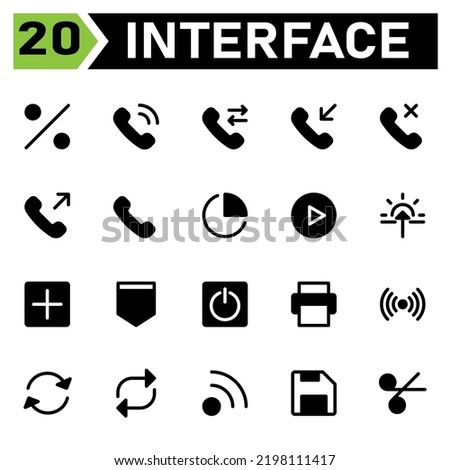 User interface icon set include percent, discount, offer, sale, user interface, phone, call, ringing, telephone, forwarded, incoming, missed, outgoing, pie, chart, statistic, graph, analytic, play