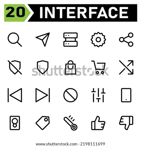 User interface icon set include search, magnifying, zoom, find, user interface, send, email, message, plane, server, database, hosting, setting, gear, preference, share, network, social, sharing