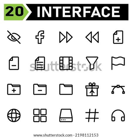 User interface icon set include face book, social media, user interface, fast, forward, arrows, rewind, file, plus, add, files, minus, remove, text, document, film, movie, video, filter, funnel, sort