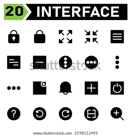 User interface icon set include padlock, lock, user interface, maximize, size, full screen, minimize, menu, align, minus, remove, more, circle, vertical, horizontal, notification, square,message,alarm