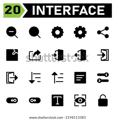 User interface icon set include search, zoom out, magnifier, user interface, gear, setting, share, link, arrows, sign, in, door, out, sort, ascending, down, descending, list, switch, double,right,left