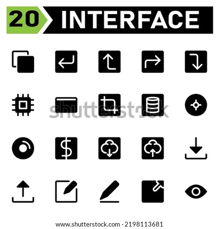 User interface icon set include corner, down, left, arrows, user interface, up, right, chip set, microchip, processor, credit, card, money, transaction, crop, measure, modify, database, storage, data