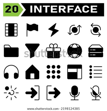 User interface icon set include film, movie, roll film, video, cinema, flag, symbol, national, country, sign, flash, lightning, thunder, light, flip, shuffle, repeat, arrow, arrows, folder, paper