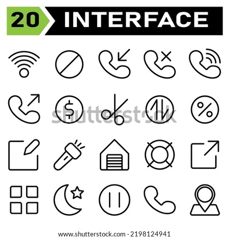 User interface icon set include connection, internet, signal, block, ban, stop, sign, user interface, calling, call, phone, telephone, arrows, silent, communication, money, coin, payment, cash, dollar