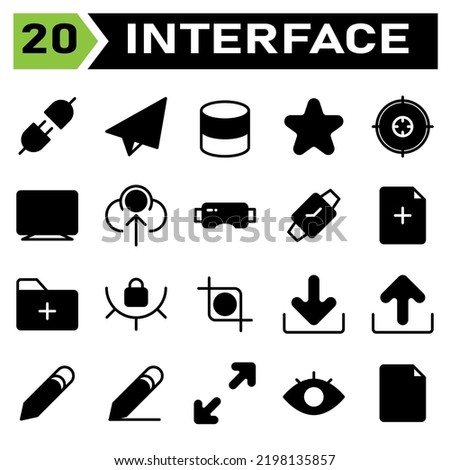 User interface icon set include plug, cable, connector, electric, power, mail, send mail, send, letter, communication, server, data storage, database, storage, data, star, favorite, feedback, bookmark