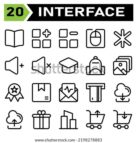 User interface icon set include book, guide, manual, read, instruction, menu, add, new, apps, category, remove, delete, mouse, computer, cursor, user interface, asterisk, multiple, star, favorite