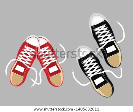 Sneakers top view. Sport pair red and black shoes vector illustration. Isolated realistic keds