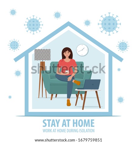 Coronavirus concept. Stay at home during the coronavirus epidemic. Work at home during isolation. Female employee works from home. Vector illustration in flat style