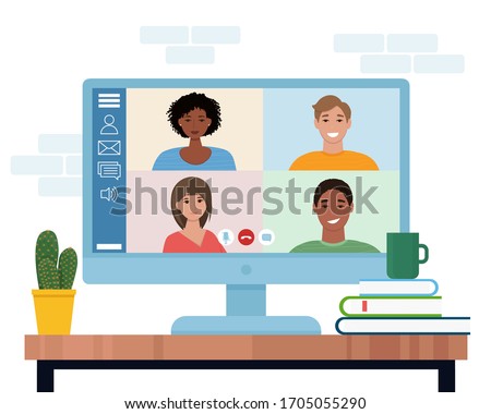 Video conference with people group. Computer screen. Vector illustration in flat style